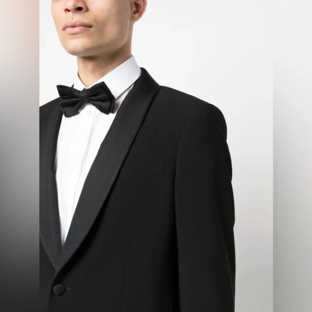 Giorgio Armani / black satin lapel ponte double breasted blazer jacket 56 IT XL